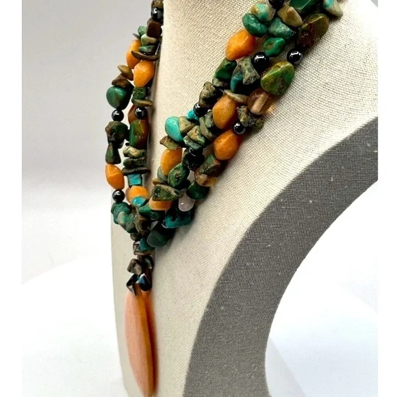 Vintage Multi-Strand Gemstone Necklace With Large Peach Jade Pendant - Picture 4 of 11